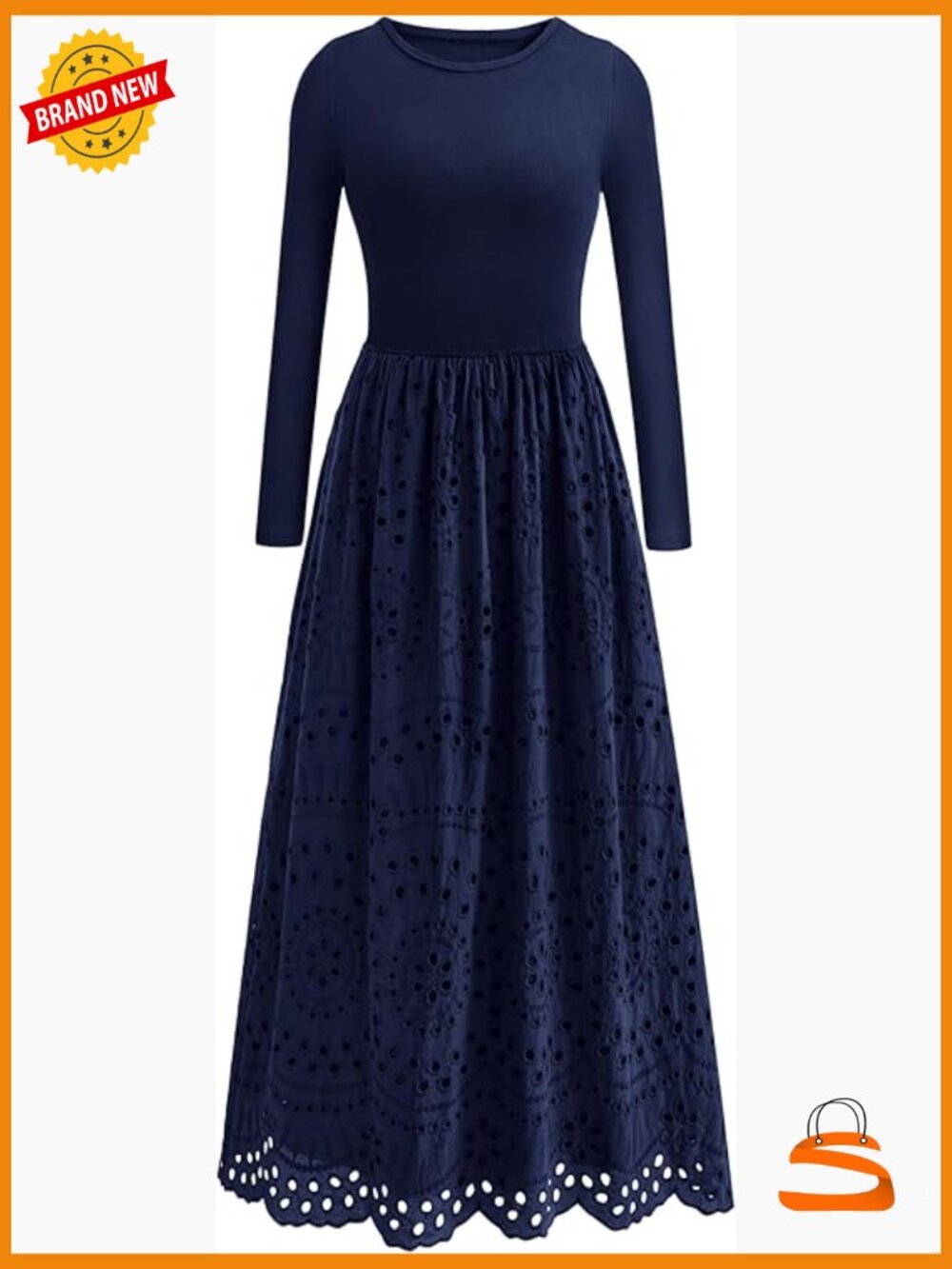 Women's Long Sleeve Maxi Dress A-Line Boho Eyelet Cotton Blend Pockets - Picture 1 of 7